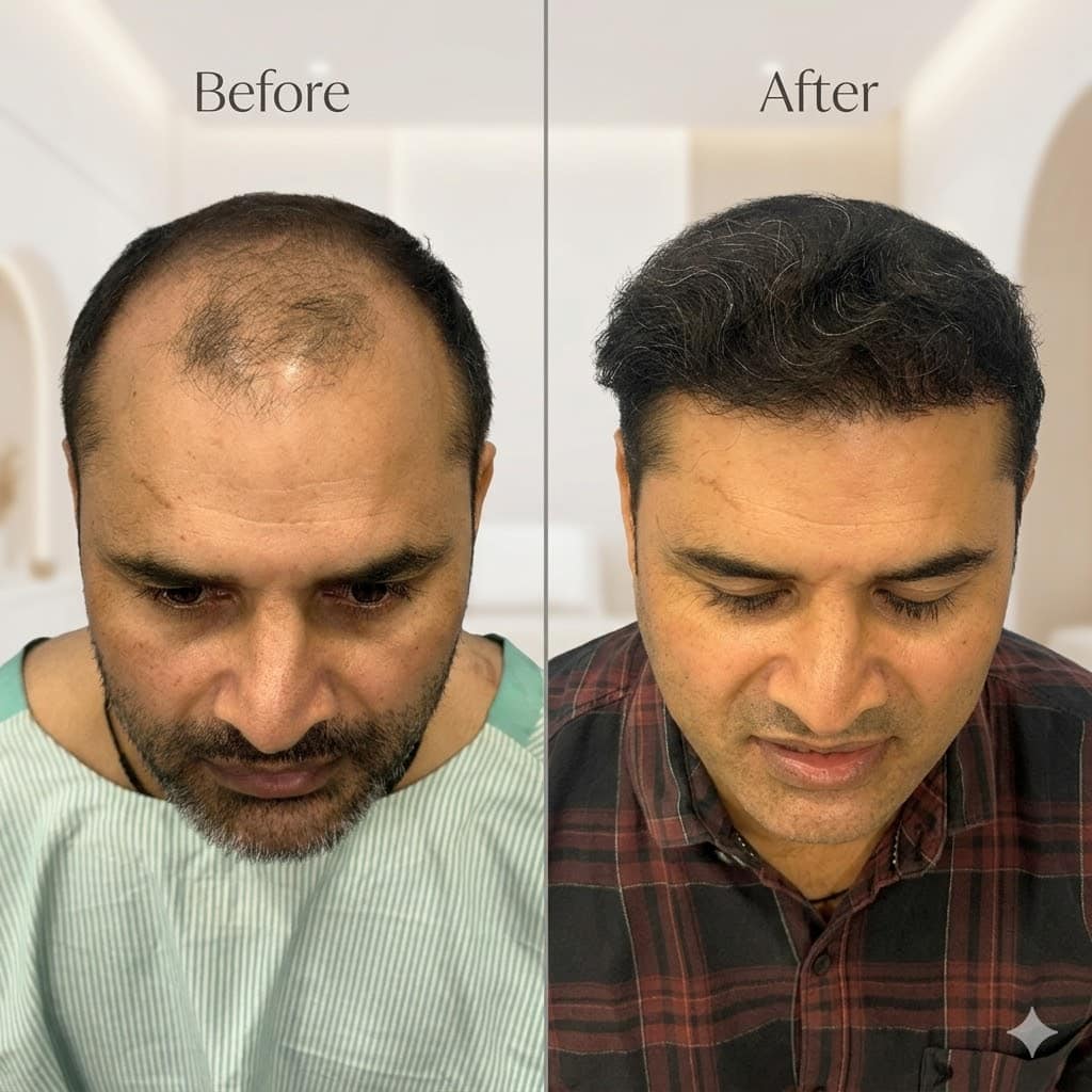 Hair transplant before and after – Case 4: Man with extensive baldness on crown and frontal scalp wearing a hospital gown (Before) and full, voluminous hair regrowth across the entire scalp (After)