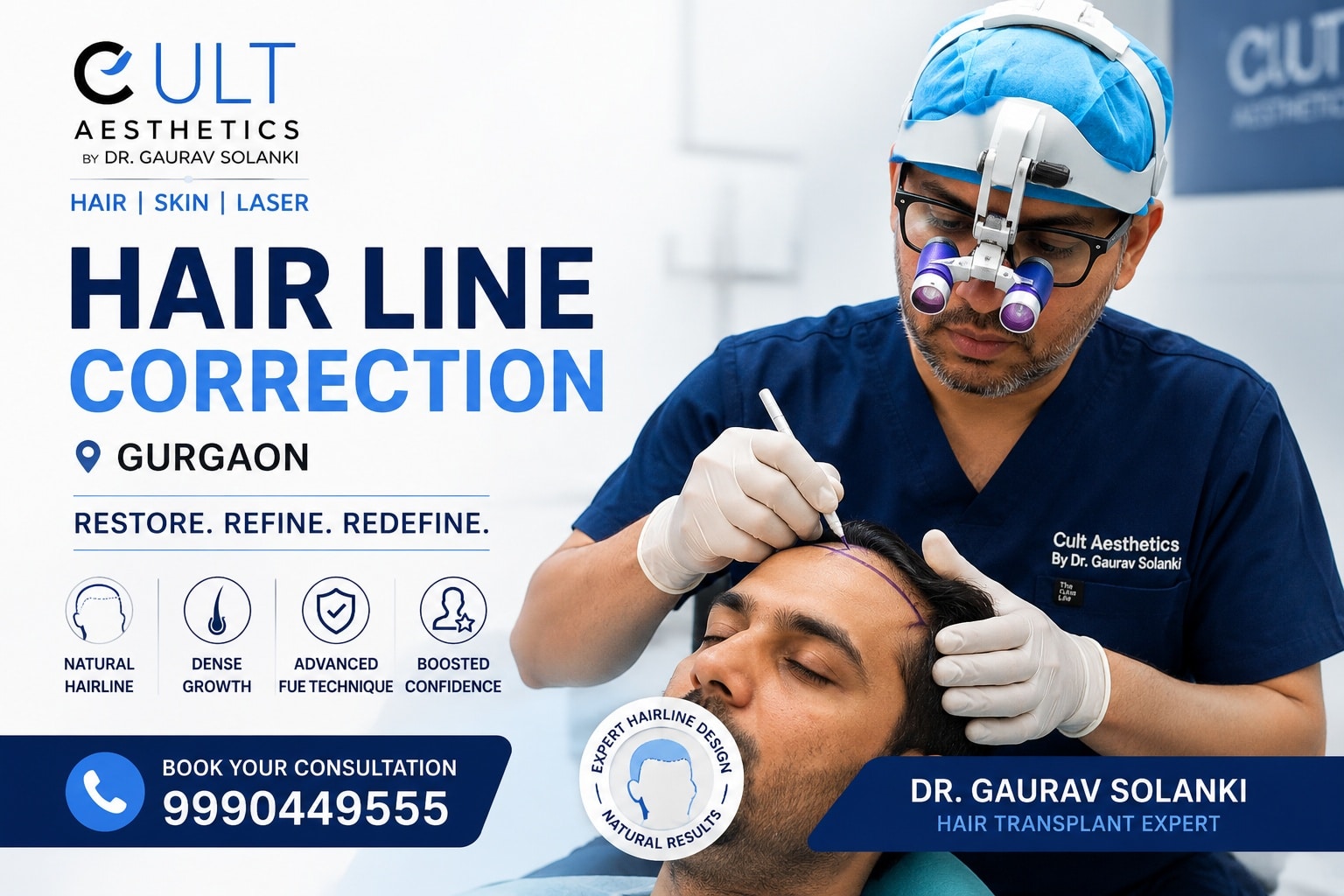 Hero banner for hairline correction in Gurgaon at Cult Aesthetics by Dr Gaurav Solanki, Oral and Maxillofacial Surgeon, showing advanced FUE hair transplant planning and natural hairline restoration