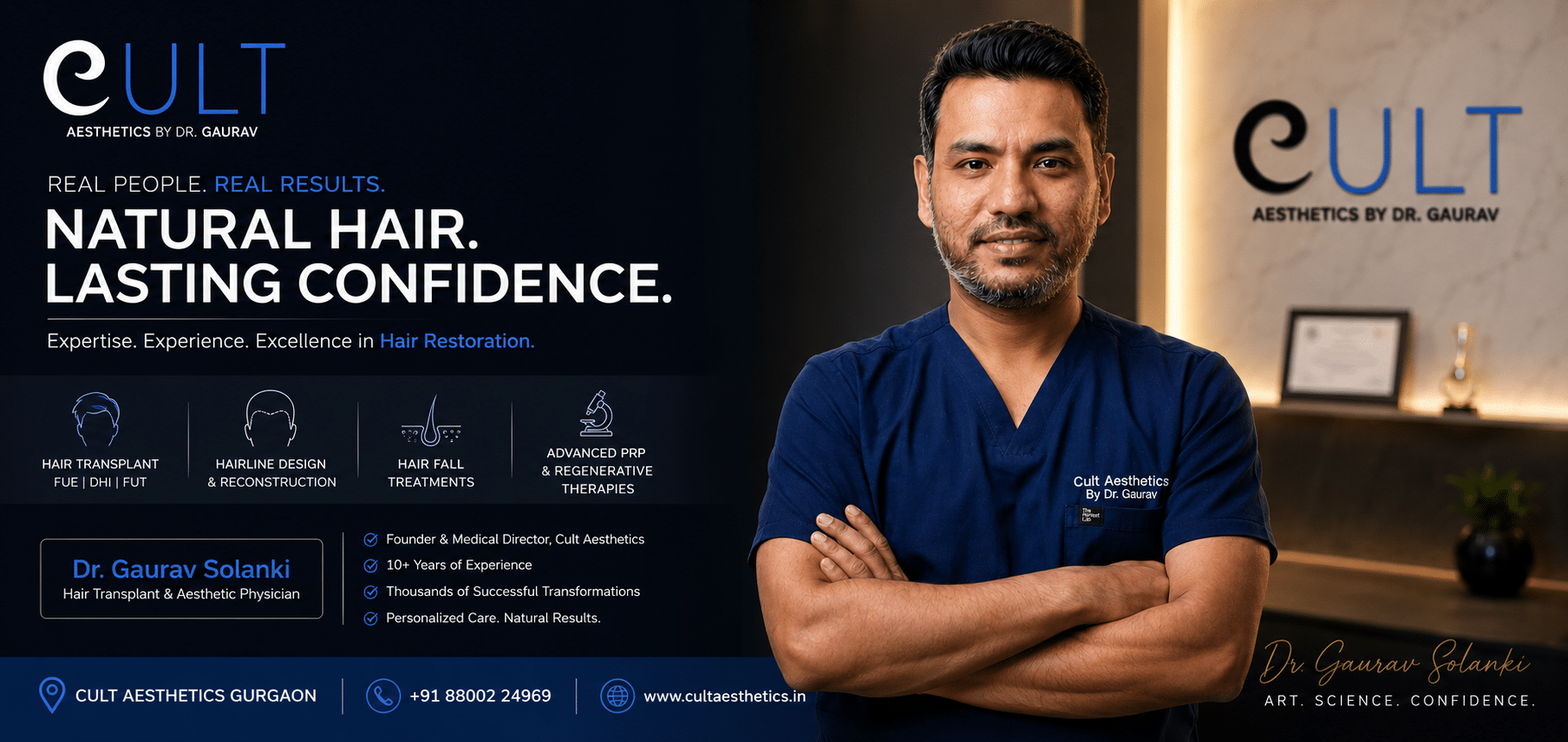 Natural hairline hair transplant design by Dr. Gaurav Solanki at Cult Aesthetics Gurgaon showing irregular zig-zag pattern with single-follicle grafts in the front row